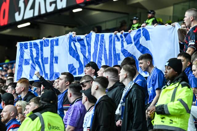 Rangers fans hold up a 'Free Souness' banner during the 4-0 win over Aberdeen in relation to last week's display against Celtic which was seized by Police Scotland. (Photo by Rob Casey / SNS Group)