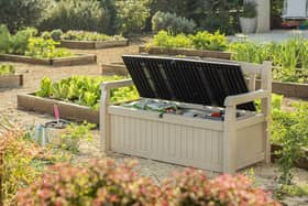 The Keter Eden storage bench can  hold 265 litres of garden goods