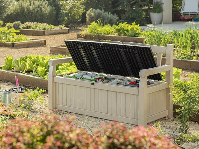The Keter Eden storage bench can  hold 265 litres of garden goods