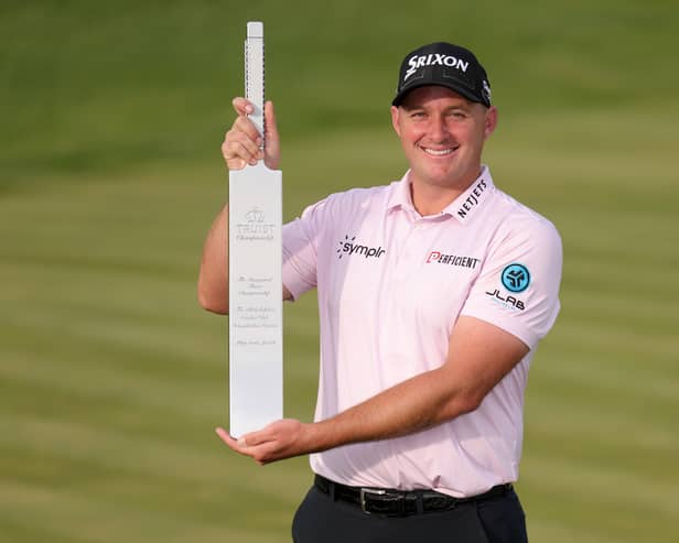 Sepp Straka poses with the trophy after winning the Truist Championship at The Wissahickon at Philadelphia Cricket Club in Pennsylvania