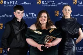 Owen Cooper, Jessica Gunning and Erin Doherty with the award for Supporting Actress Award for 'Baby Reindeer' poses inside the Winners Room at the 2025 BAFTA Television Awards.