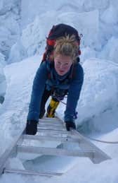 Mollie Hughes crossing the Khumbu Icefall during her first ascent of Mount Everest in 2012