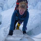 Mollie Hughes crossing the Khumbu Icefall during her first ascent of Mount Everest in 2012