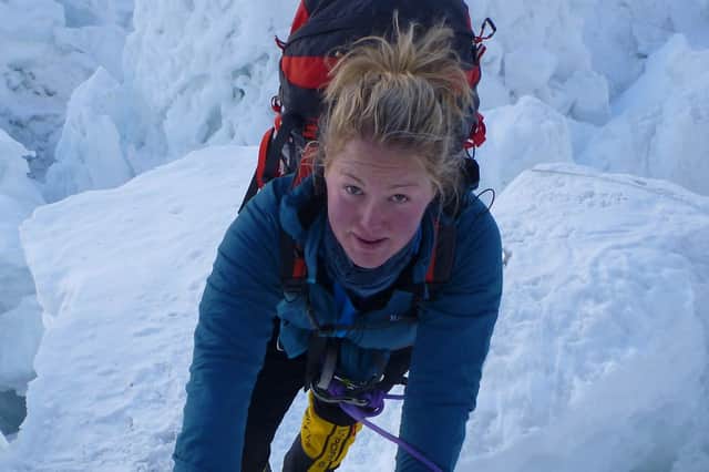 Mollie Hughes crossing the Khumbu Icefall during her first ascent of Mount Everest in 2012