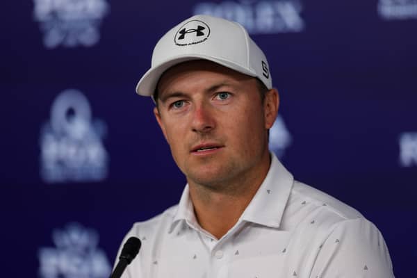 Jordan Spieth speaks with the media prior to the PGA Championship at Quail Hollow Country Club in Charlotte, North Carolina