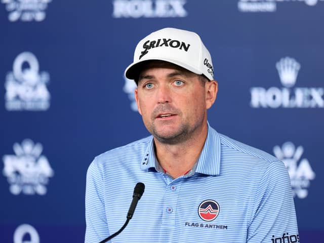 US Ryder Cup captain Keegan Bradley of the United States speaks to the media prior to the PGA Championship at Quail Hollow in Charlotte, North Carolina