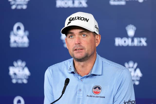 US Ryder Cup captain Keegan Bradley of the United States speaks to the media prior to the PGA Championship at Quail Hollow in Charlotte, North Carolina