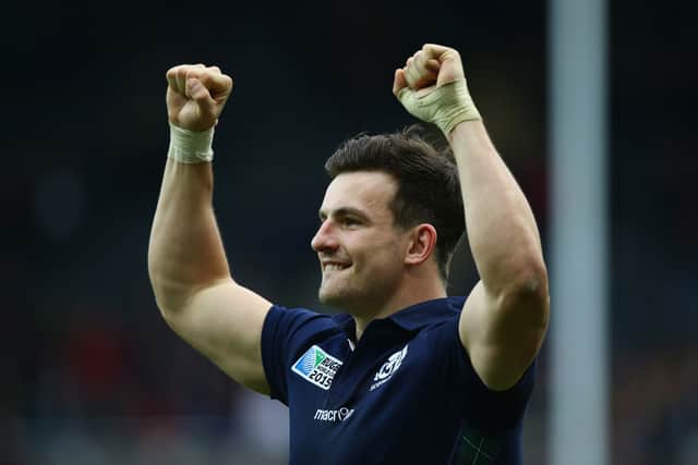 Matt Scott celebrates Scotland's win over Samoa in Newcastle at the 2015 Rugby World Cup.