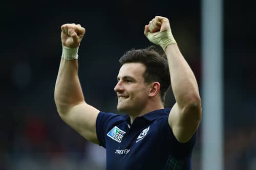 Matt Scott celebrates Scotland's win over Samoa in Newcastle at the 2015 Rugby World Cup.