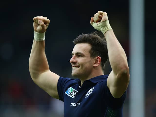 Matt Scott celebrates Scotland's win over Samoa in Newcastle at the 2015 Rugby World Cup.