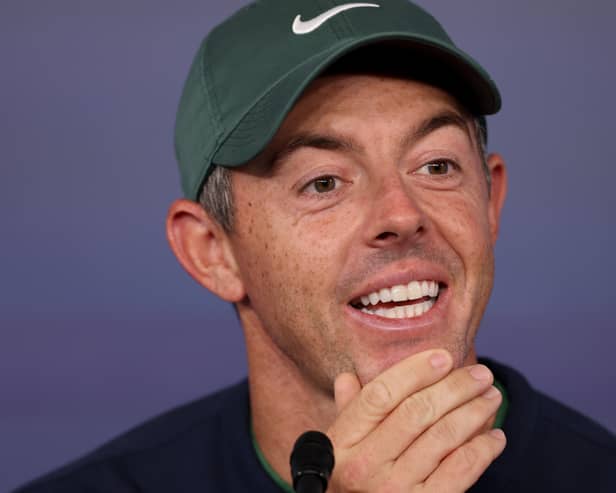 Rory McIlroy of Northern Ireland talks during a press conference prior to the PGA Championship at Quail Hollow Country Club in Charlotte, North Carolina