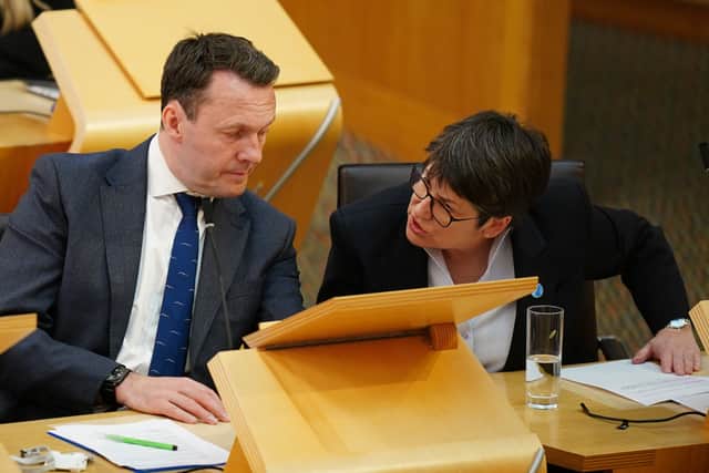 Scottish Conservative leader Russell Findlay and Tess White in the chamber at Holyrood. Picture date: Tuesday April 22, 2025. PA Photo. Photo credit should read: Jane Barlow/PA Wire