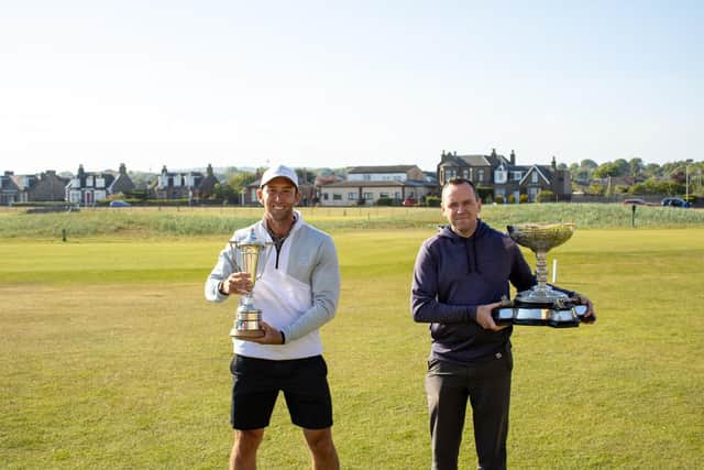 Irish duo Dylan O’Connor, left, and Martin O’Dwyer show off their respective trophies at Carnoustie