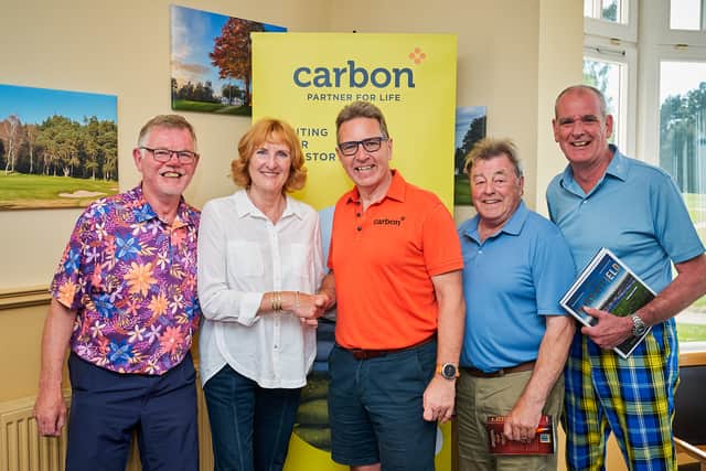 The winning team in the Bill McLaren Foundation Golf day are congratulated by Gordon Wilson of event sponsor Carbon Financial