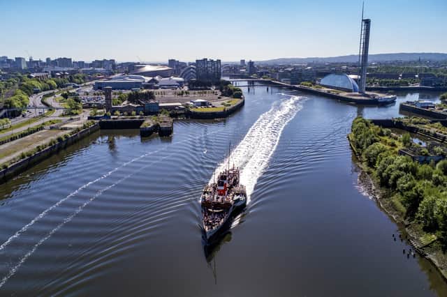 Waverley leaving its Glasgow Science Centre dock for the inaugural cruise of the 2025 season on Friday May 16 