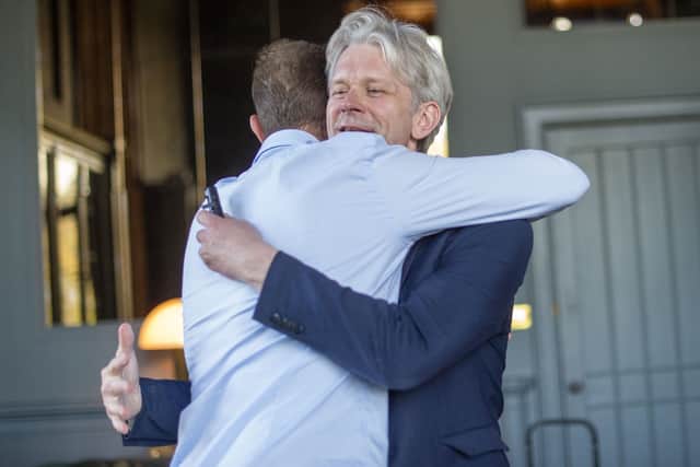Duncan Ferguson and Alan Pattullo embrace after their chat at Mar Hall.
