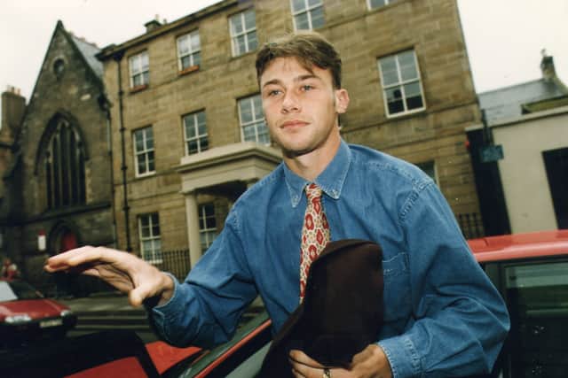 Duncan Ferguson leaves Cupar Sheriff Court after a trial for assault in September 1993.