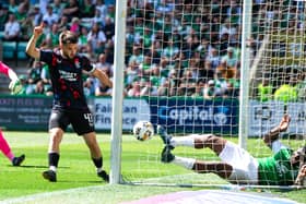 Rangers believe they have a scored a second through Nicolas Raskin as Rocky Bushiri clears off the line - but no goal was awarded.  (Photo by Sammy Turner / SNS Group)