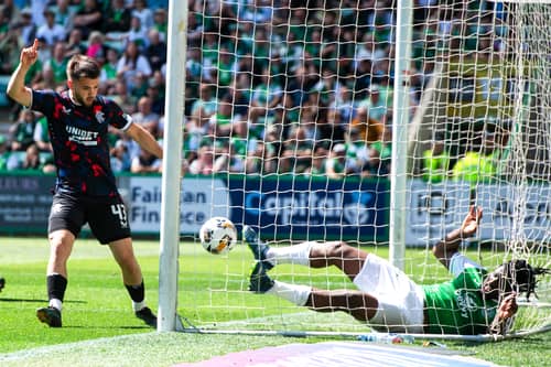 Rangers believe they have a scored a second through Nicolas Raskin as Rocky Bushiri clears off the line - but no goal was awarded.  (Photo by Sammy Turner / SNS Group)