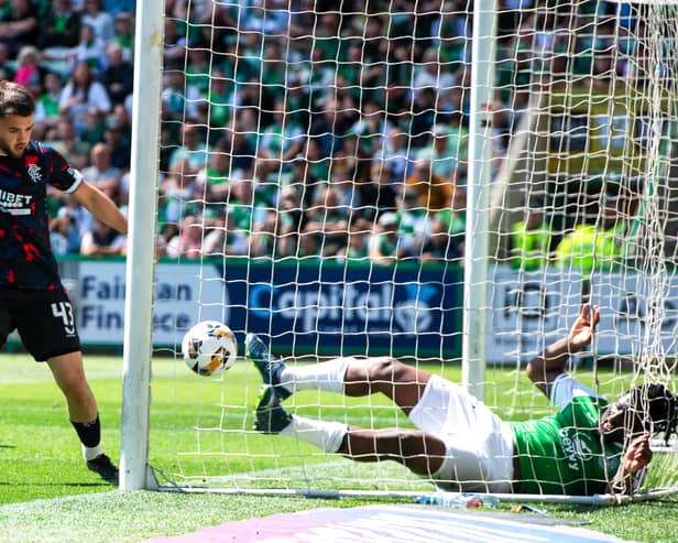 Rangers believed they had scored through Nicolas Raskin before Hibs defender Rocky Bushiri cleared - but no goal was awarded.  (Photo by Sammy Turner / SNS Group)