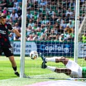 Rangers believe they have a scored a second through Nicolas Raskin as Rocky Bushiri clears off the line - but no goal was awarded.  (Photo by Sammy Turner / SNS Group)