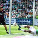 Rangers believe they have a scored a second through Nicolas Raskin as Rocky Bushiri clears off the line during the match at Easter Road on May 17, 2025. (Photo by Sammy Turner / SNS Group)