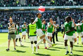 Hibs forward Martin Boyle frolics with a beach ball at full-time after the 2-2 draw with Rangers at Easter Road. (Photo by Sammy Turner / SNS Group)