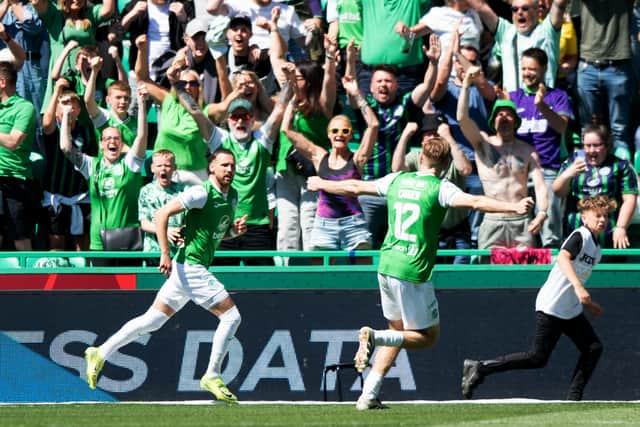 Martin Boyle celebrates after scoring his 99th goal for Hibs to make it 2-2 against Rangers at Easter Road.  (Photo by Sammy Turner / SNS Group)