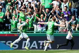 Martin Boyle celebrates after scoring his 99th goal for Hibs to make it 2-2 against Rangers at Easter Road.  (Photo by Sammy Turner / SNS Group)
