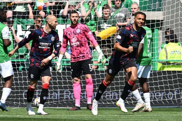 Rangers striker Cyriel Dessers celebrates after scoring the opening goal in the 2-2 draw with Hibs at Easter Road.  (Photo by Rob Casey / SNS Group)