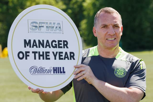 Celtic manager Brendan Rodgers, who has been awarded Manager of the Year, as voted by Scottish Football Writers Association, at Lennoxtown Training Ground.
