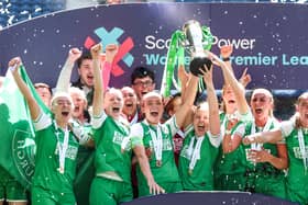 Hibs Women lift the SWPL title after beating Rangers 1-0 at Ibrox.