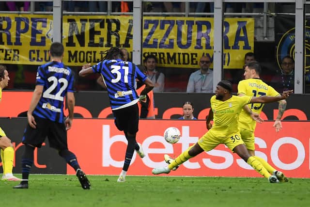 Yann Bisseck opens the scoring for Inter against Lazio.