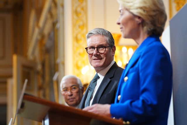 European Council president Antonio Costa, Keir Starmer and European Commission president Ursula von der Leyen discuss the new UK-EU deal at a press conference in London (Picture: Carl Court)
