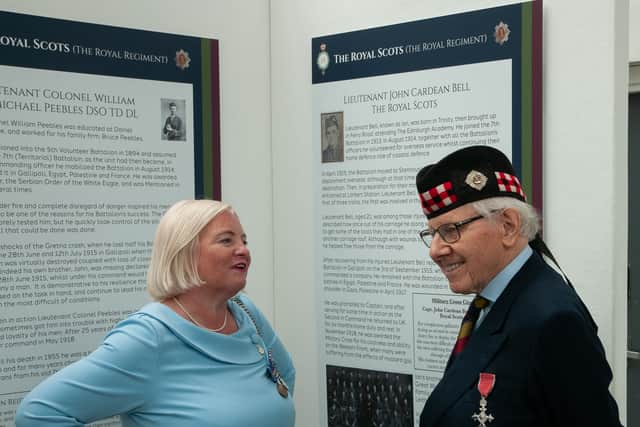 Scottish Veterans Commissioner Susie Hamilton with Captain Robin Bell of the Royal Scots. His father, Sergeant Ian Bell, survived the crash. PIC: Contributed.