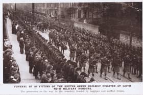 Funeral of 100 soldiers from the 7th Battalion (Leith) Royal Scots who died in the Gretna Green rail disaster on May  22 1915. A new exhibition on the tragedy and the men who lost their lives has opened at the Out of the Blue Drill Hall in Dalmeny Street, where the battalion was based. PIC: Royal Scots Regimental Museum