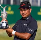 Korea’s KJ Choi proudly shows off the trophy after winning last year’s Senior Open Championship presented by Rolex at Carnoustie Golf Links 