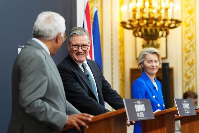 European Council President Antonio Costa, Prime Minister Sir Keir Starmer and European Commission President Ursula von der Leyen host a joint press conference during the UK-EU Summit at Lancaster House in London