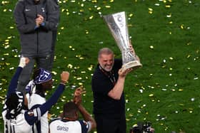 Tottenham manager Ange Postecoglou celebrates with the Europa League trophy after the 1-0 win over Manchester United in the final at Estadio de San Mames on May 21, 2025 in Bilbao, Spain. (Photo by Carl Recine/Getty Images)