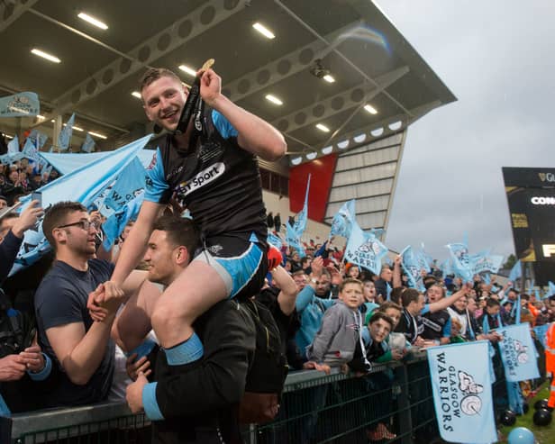  Finn Russell celebrates Glasgow Warriors' win over Munster in the 2015 Pro12 final in Belfast, his only major club honour.