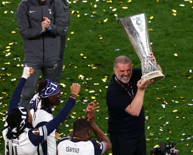 Ange Postecoglou lifts the Europa League trophy with the mighty Spurs