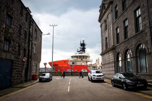 An oil industry supply vessel docked at Aberdeen Harbour (Picture: Andy Buchanan)