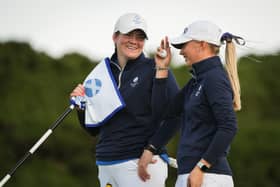 Freya Russell, right, pictured sharing a laugh with Lorna McClymont during last year’s Home Internatationals at Murcar Links 
