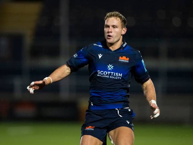 Edinburgh's Nathan Sweeney in action during a pre-season game against Bath at Hive Stadium in 2023.