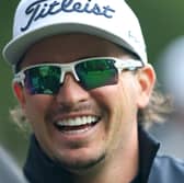 Ewen Ferguson reacts after chipping in for a birdie on the 17th hole on day two of the Soudal Open at Rinkven International GC in Antwerp