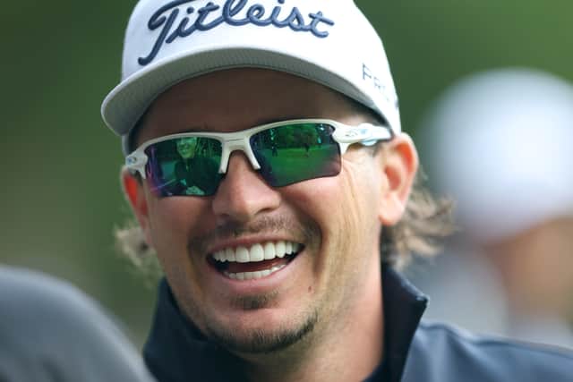 Ewen Ferguson reacts after chipping in for a birdie on the 17th hole on day two of the Soudal Open at Rinkven International GC in Antwerp