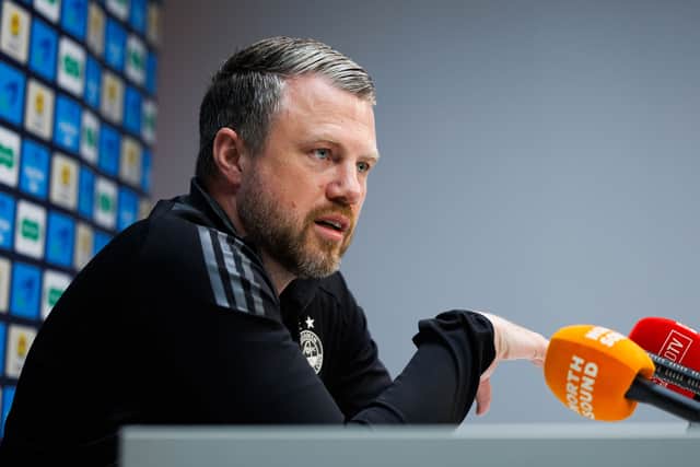Aberdeen manager Jimmy Thelin speaks to the press ahead of the cup final.