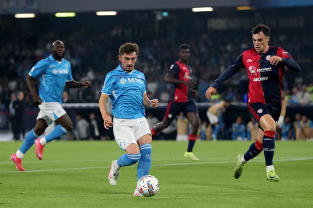 Billy Gilmour on the ball for Napoli during the win over Cagliari. (Photo by CARLO HERMANN/AFP via Getty Images)