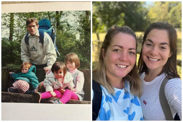 Major Gary Paul Sparks with his daughters Esme and Lucy and son Paddy on the left and Esme and Lucy today on the right