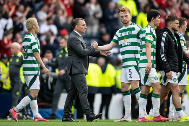 Celtic manager Brendan Rodgers with defender Liam Scales after the Scottish Cup final defeat to Aberdeen at Hampden. (Photo by Paul Devlin / SNS Group)